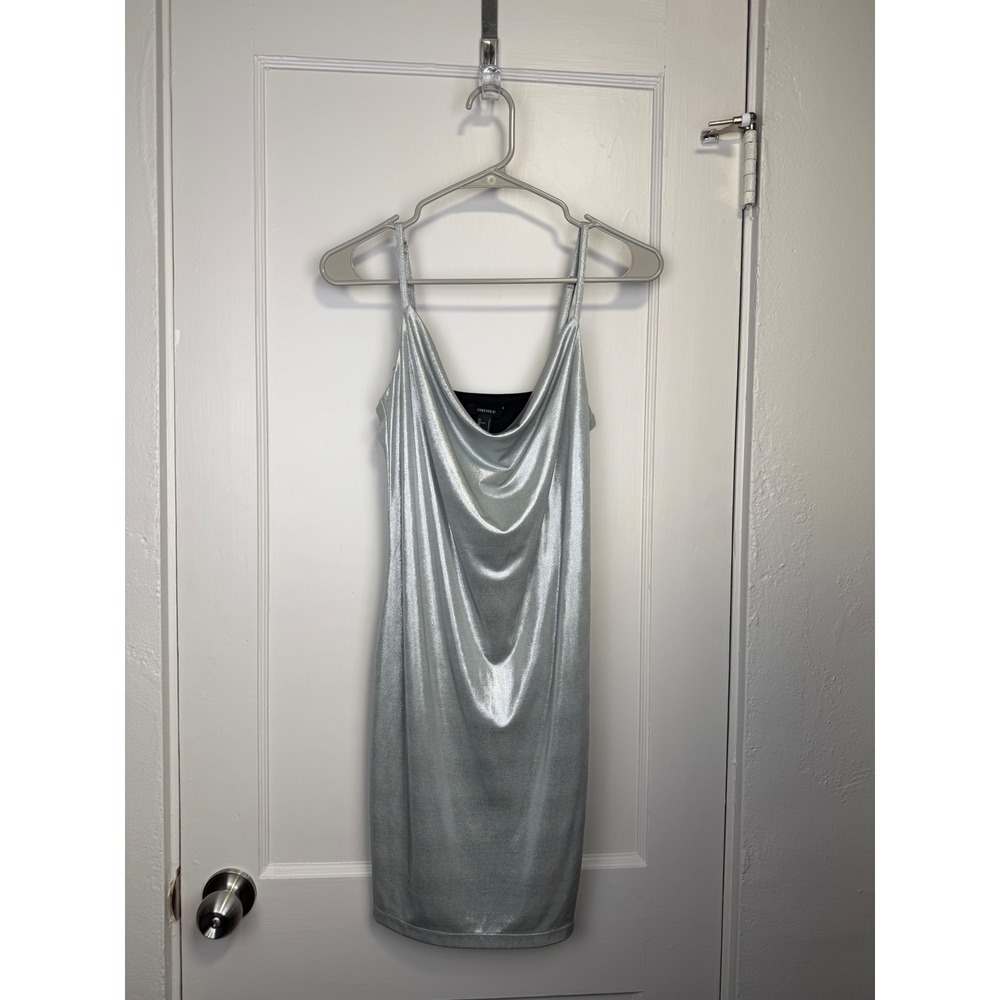 Forever 21 Metallic Silver Cowl Neck Mini Dress Small Bodycon Party Clubwear